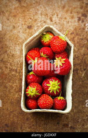 Mini fragole nel contenitore verde sul foglio di metallo Foto Stock