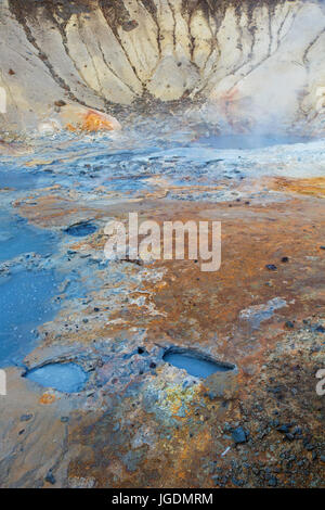 Seltun, campo geotermico che mostra le fumarole vulcaniche, pentole di fango e le sorgenti di acqua calda, penisola di Reykjanes, Islanda Foto Stock