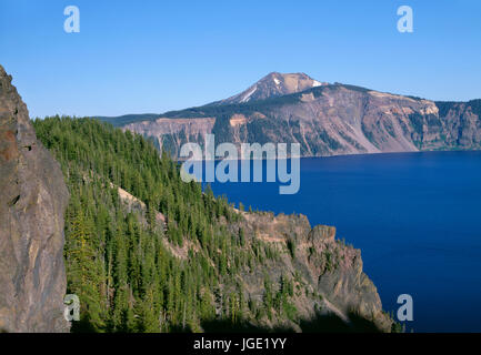 Stati Uniti d'America, Oregon, il Parco nazionale di Crater Lake, foresta di conifere sopra Cleetwood Cove e distante Monte Scott. Foto Stock