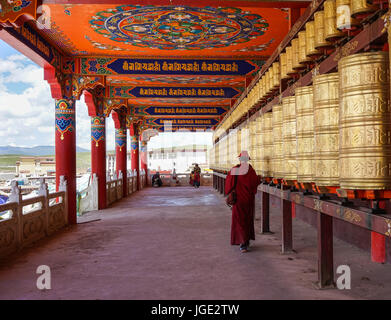 Sichuan, Cina - Agosto 18, 2016. Un monaco utilizzando ruote della preghiera a Yarchen Gar in Sichuan, in Cina. Yarchen Gar è la più grande concentrazione di monache e monaci Foto Stock