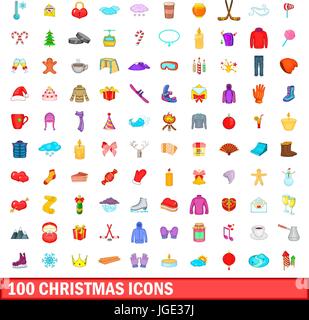 100 Natale icone set, stile cartoon Illustrazione Vettoriale