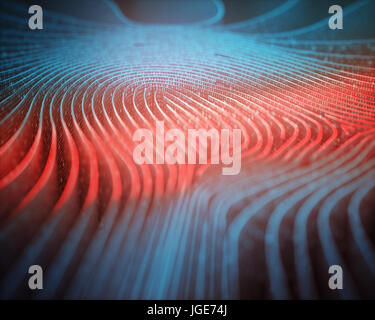 3D'illustrazione. Impronta digitale nel labirinto formato, con codici binari essendo letti da red scanner. Foto Stock
