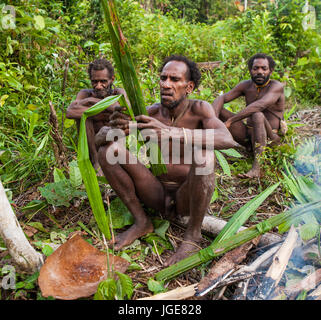 INDONESIA, ONNI VILLAGE, NUOVA GUINEA - 24 giugno: poche persone Korowai tribù vicino alla sua casa nella giungla. Tribù di Korowai (Kombai , Kolufo). Foto Stock