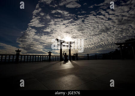 La pratica dello Yoga meditazione Zen - Linh Quy Phap un - Bao Loc - Bao Lam - Da Lat - Lam Dong - Viet Nam - Alba con raggi pagoda silhouettes di gate Foto Stock