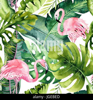 Tropical isolato seamless pattern con flamingo. Acquerello tropic disegno, uccello rosa e verde Palm tree, tropic texture verde, fiori esotici. Set di Aloha Foto Stock