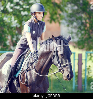 Pilota giovane ragazza sul cavallo dressage al concorso. Sport Equestri sfondo Foto Stock