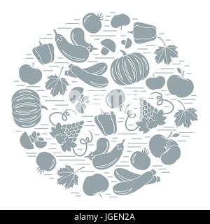 Set di autunno frutta di stagione e verdure in cerchio. Pomodoro, peperone, uve, zucchine e altri rientrano la frutta e la verdura per un annuncio pubblicitario Illustrazione Vettoriale