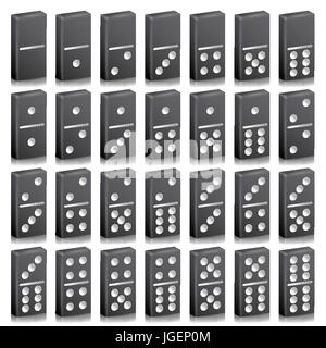 Domino Set completo Vector realistiche in 3D'illustrazione. Colore nero. Classico gioco di domino ossa isolato su bianco. Vista dall'alto. Per un gioco. 28 pezzi Illustrazione Vettoriale