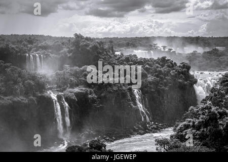 Iguazu Falls National Park. cascate tropicali e il paesaggio della foresta pluviale. In bianco e nero Foto Stock