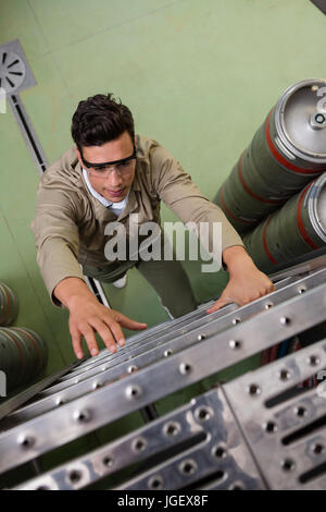 Angolo di alta vista del lavoratore di sesso maschile arrampicata scaletta a magazzino Foto Stock