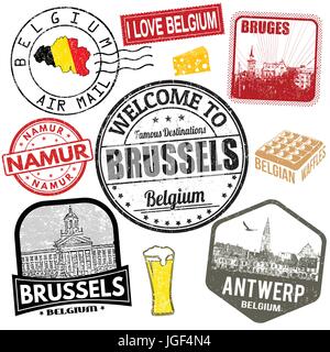 Set di viaggio francobolli grunge con il Belgio su sfondo bianco, illustrazione vettoriale Illustrazione Vettoriale