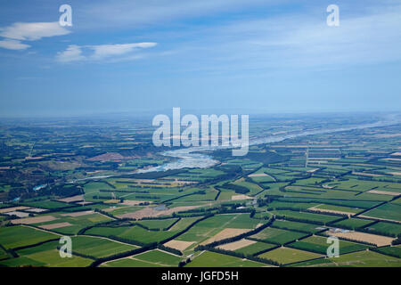 Canterbury Plains e Rakaia River visto dal Monte Hutt, metà Canterbury, Isola del Sud, Nuova Zelanda Foto Stock