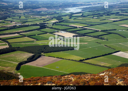 Canterbury Plains e Rakaia River visto dal Monte Hutt, metà Canterbury, Isola del Sud, Nuova Zelanda Foto Stock