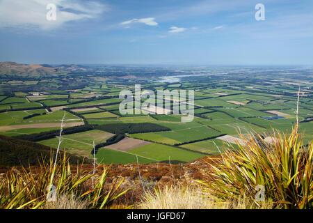 Canterbury Plains e Rakaia River visto dal Monte Hutt, metà Canterbury, Isola del Sud, Nuova Zelanda Foto Stock