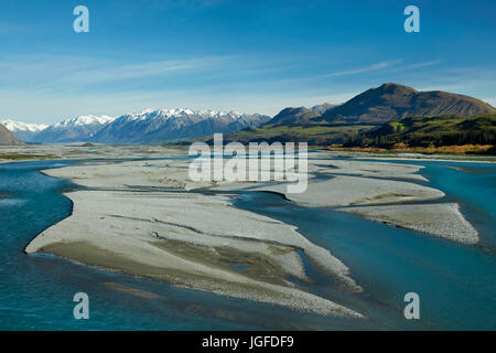 Flussi intrecciato del fiume Rakaia, Canterbury, Isola del Sud, Nuova Zelanda Foto Stock