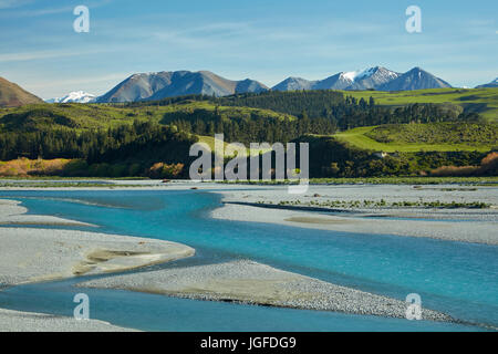 Flussi intrecciato del fiume Rakaia, Canterbury, Isola del Sud, Nuova Zelanda Foto Stock
