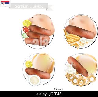 Cucina serba, illustrazione di Cevapi o carbone tradizionali grigliate di carni macinate salsiccia. Il piatto nazionale di Serbia. Illustrazione Vettoriale