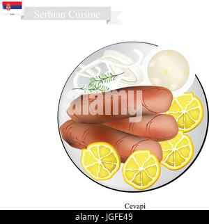 Cucina serba, illustrazione di Cevapi o carbone tradizionali grigliate di carni macinate salsiccia. Il piatto nazionale di Serbia. Illustrazione Vettoriale