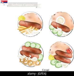 Cucina serba, illustrazione di Cevapi o carbone tradizionali grigliate di carni macinate salsiccia. Il piatto nazionale di Serbia. Illustrazione Vettoriale