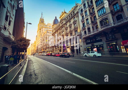 Vista del Gran V'una strada a ora d'oro. Madrid. Spagna Foto Stock