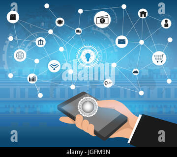 Insieme di persone mani tenendo il telefono cellulare dispositivi e tecnologia astratta. I sistemi di comunicazione e di tecnologie con le icone di business. Design piatto per Foto Stock