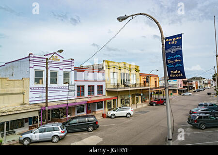 In Louisiana, Santa Maria parrocchia, Morgan City, Front Street, quartiere storico, vista dall'Argine Foto Stock