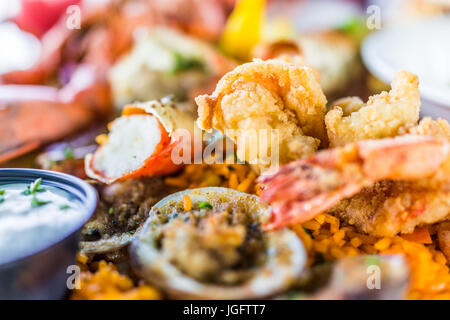 Macro closeup di gamberetti e frutti di mare sulla piastra con salsa tartara Foto Stock