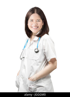 Asian medico donna sorridente su sfondo bianco Foto Stock