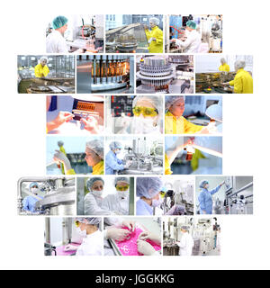 Collage industriale mostra dei lavoratori durante il lavoro sulla produzione di farmaci in fabbrica farmaceutica - vaccini, medicinali in ampolle, pillole, capsule, scheda Foto Stock