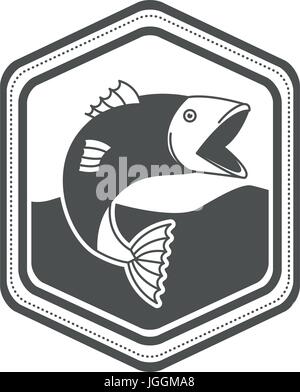 Silhouette monocromatiche di forma a diamante emblema con pesce bigmouth nel fiume Illustrazione Vettoriale