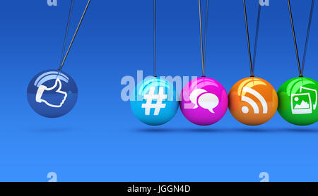 I social media e la rete web icone colorate sul concetto di sfere 3D immagine su sfondo blu. Foto Stock