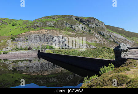Vista panoramica di Caban Coch diga e serbatoio con acqua riflessioni, Elan Valley, Powys, Wales UK Foto Stock