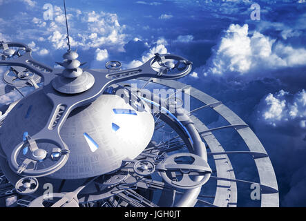 Futuristica stazione di volare al di sopra delle nuvole Foto Stock