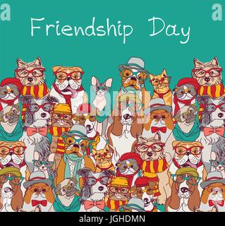 Gruppo moda migliori amici cani e gatti animali divertenti card e sky. Illustrazione Vettoriale