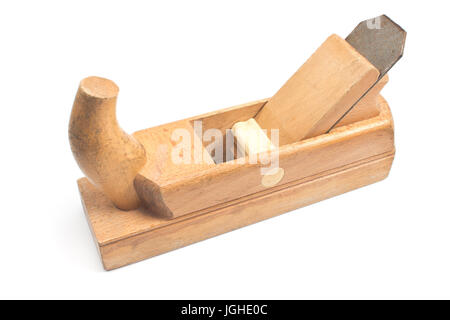 Piano in legno antico strumento giuntatrice isolato su bianco Foto Stock