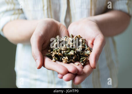 Close up della donna azienda manciata di sementi sane Foto Stock