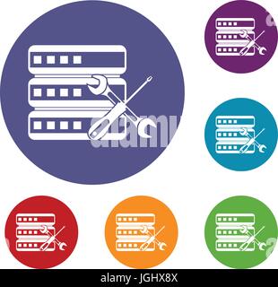 Database con cacciavite e chiave set di icone Illustrazione Vettoriale