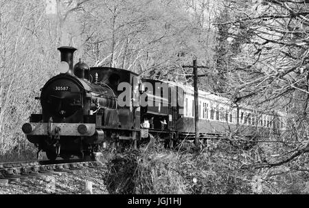 A doppia testa treno a vapore sul South Devon Railway, trainati da Beattie ben serbatoio n. 30587, e GWR bauletto serbatoio n. 1369. Foto Stock