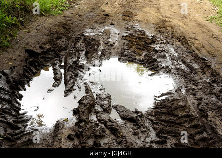 Riempito di pioggia fangosa pozzanghera con tracce del veicolo su una pista sterrata road Foto Stock