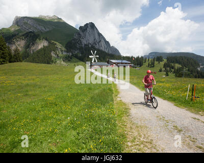 Il mulino a vento di svizzera su una montagna Foto Stock