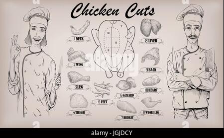 La carne di pollo è una tela di parti tagliate trita info schema grafica segno manifesto di macellai collo guida ventriglio donna e uomo macellaio cook vettore verticale closeup h Illustrazione Vettoriale