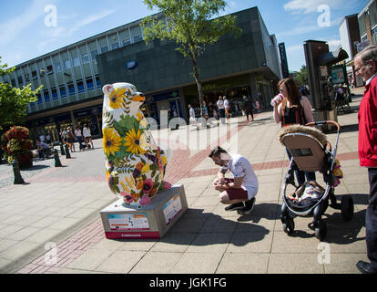 Solihull, Birmingham, Regno Unito. 8 Luglio, 2017. Il fiore portano a Solihull parte del grande Sleuth bear trail in congiunzione con Birminghams ospedale infantile,dal lunedì al decimo giorno del mese di luglio è possibile scaricare un'app e unire il sentiero per vedere tutti gli orsi intorno a Birmingham Credito: Steven roe/Alamy Live News Foto Stock