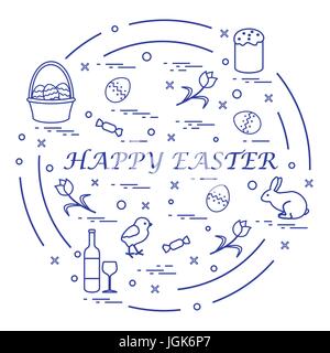 Carino illustrazione vettoriale con simboli diversi per la Pasqua disposti in un cerchio. Compresi icone di torta di Pasqua, pulcino, ceste, uova e altri. Desig Illustrazione Vettoriale