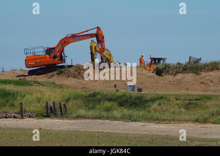 Escavatore escavatrice lavorando sulla spiaggia lo schema di gestione. Dawlish Warren, Devon, Regno Unito. Luglio, 2017. Foto Stock