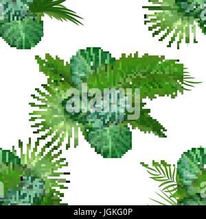 Sfondo tropicale con la giungla di piante. Vettore di Seamless pattern tropicale con verde di palme e piante esotiche foglie. Illustrazione Vettoriale