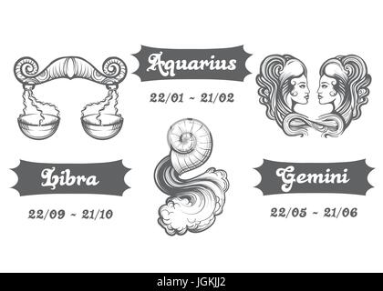 Set di aria segni zodiacali. Libra Aquarius e Gemini disegnati in stile di incisione. Illustrazione Vettoriale. Illustrazione Vettoriale