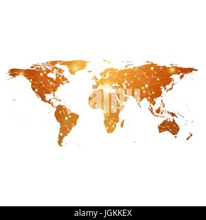 Golden World Map con tecnologia globale concetto di networking. Digital per la visualizzazione di dati. Cibernetico scientifici composti di particelle. Dati di grande comunicazione in background. Illustrazione Vettoriale. Illustrazione Vettoriale