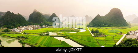 Incredibile vista sui campi di riso con formazioni carsiche in Guangxi, Cina Foto Stock