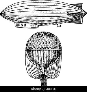 O il dirigibile Zeppelin e dirigibile o blimp, aria palloncino o aerostato illustrazione. Per i viaggi. incisi disegnati a mano in vecchio stile sketch, vintage il trasporto. Illustrazione Vettoriale