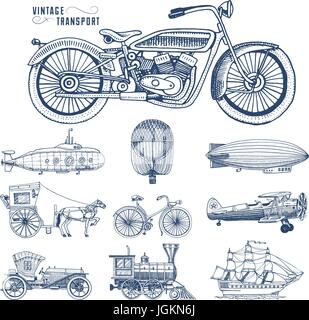 Sommergibile, barca e auto, moto, calesse. dirigibile o dirigibile, pallone aerostatico, aeroplani tutolo di mais, locomotiva. incisi disegnati a mano in vecchio stile sketch, vintage trasporto di passeggeri. Illustrazione Vettoriale